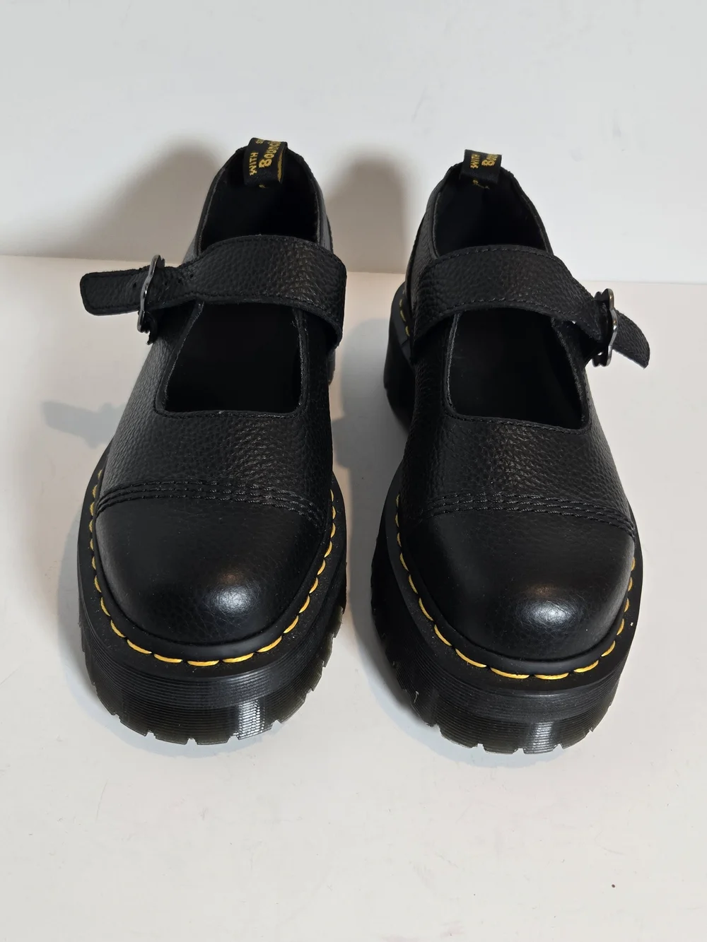 Dr. Martens Black Leather Mary Jane Shoes with Yellow Stitching
